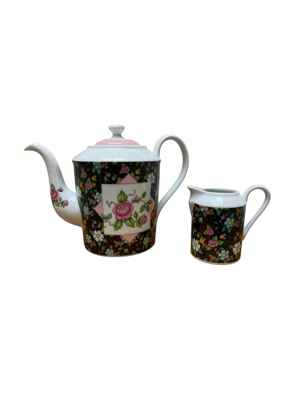Mary Engelbreit Enesco Teapot & Creamer Set Floral Roses Cottagecore 2002